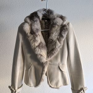Ivory suede jacket/blazer with rabbit fur collar